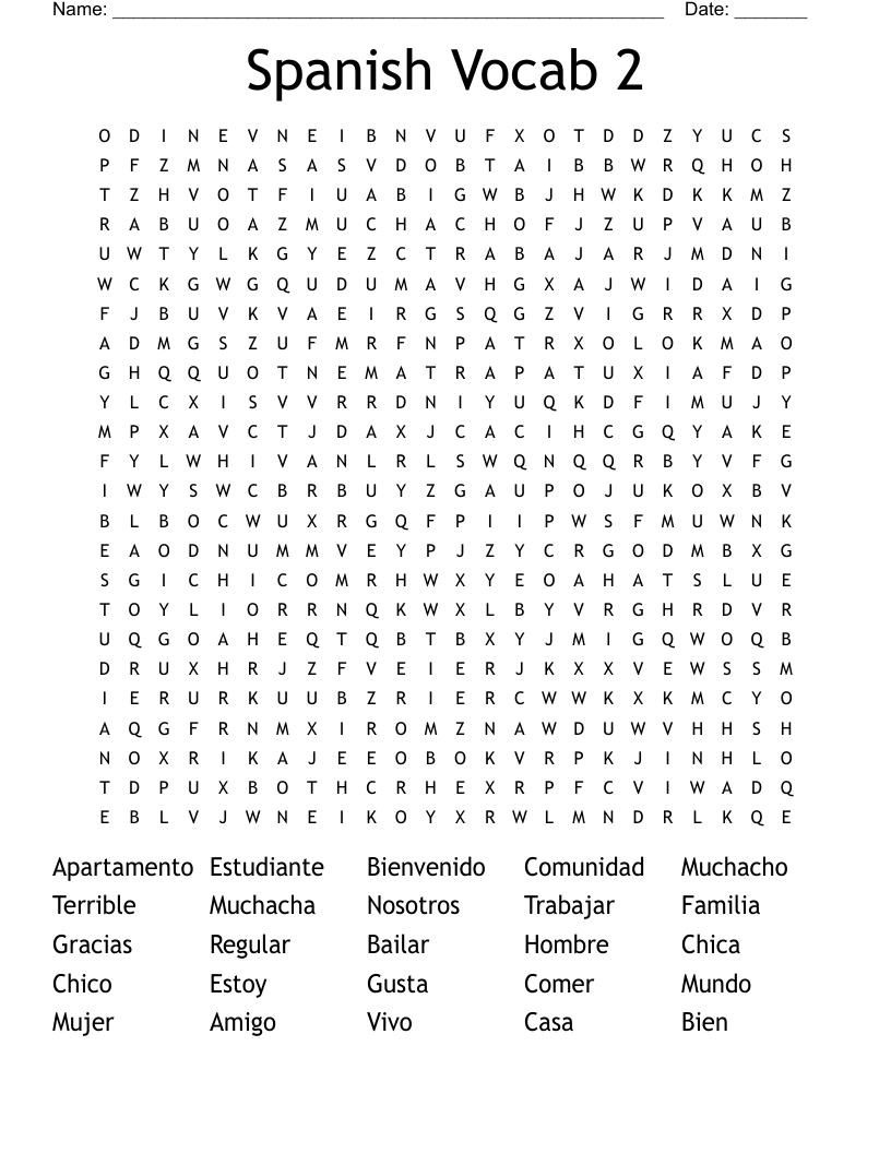 Spanish Vocab 2 Word Search