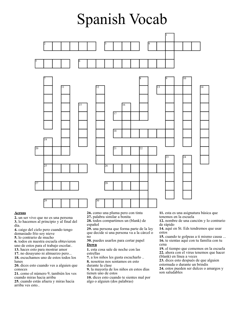Spanish Vocab Crossword