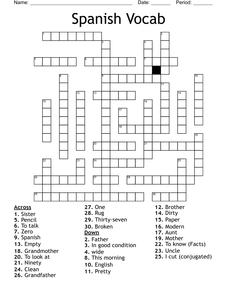 Spanish Vocab Crossword