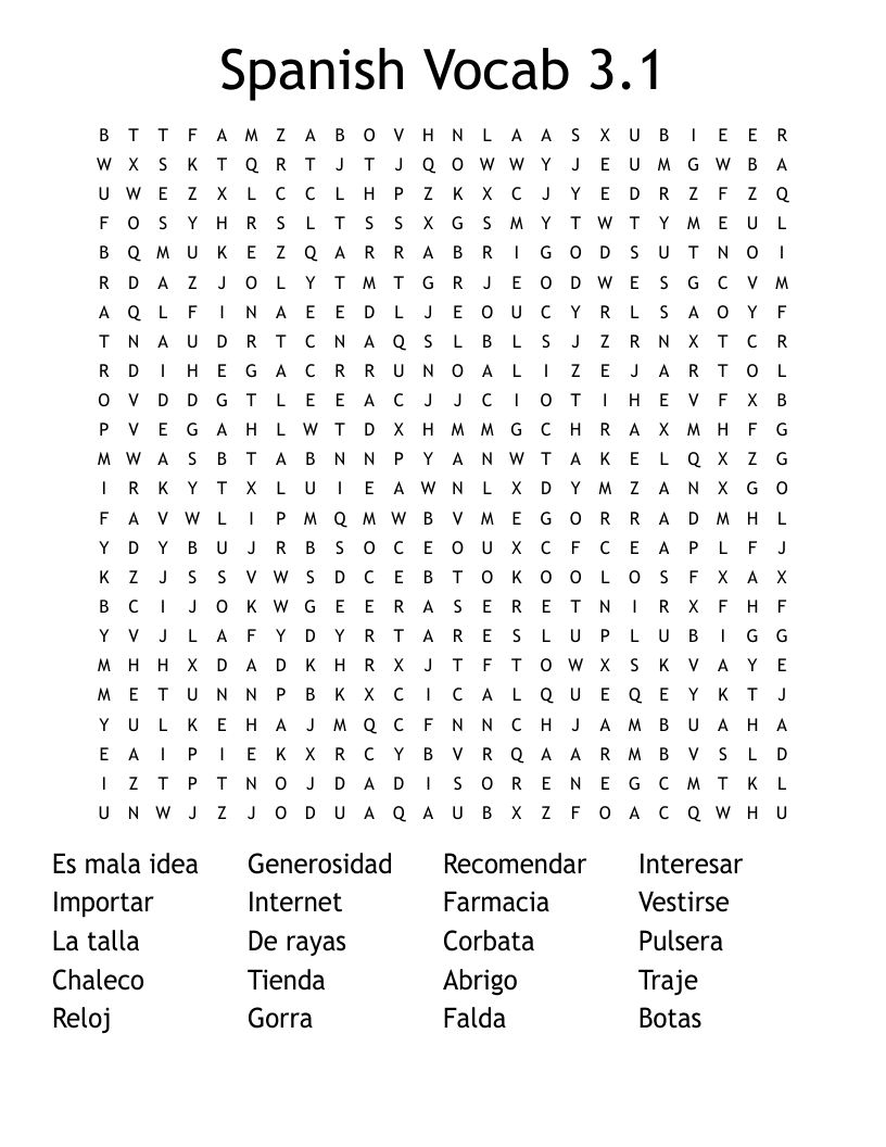 Spanish Vocab 3.1 Word Search