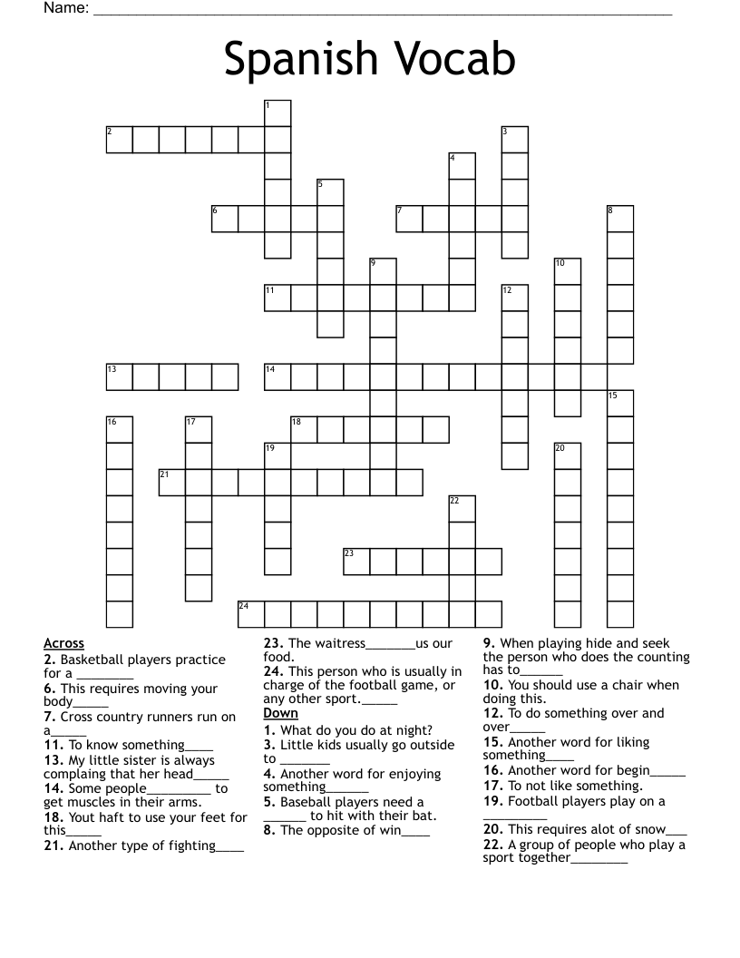 Spanish Vocab Crossword