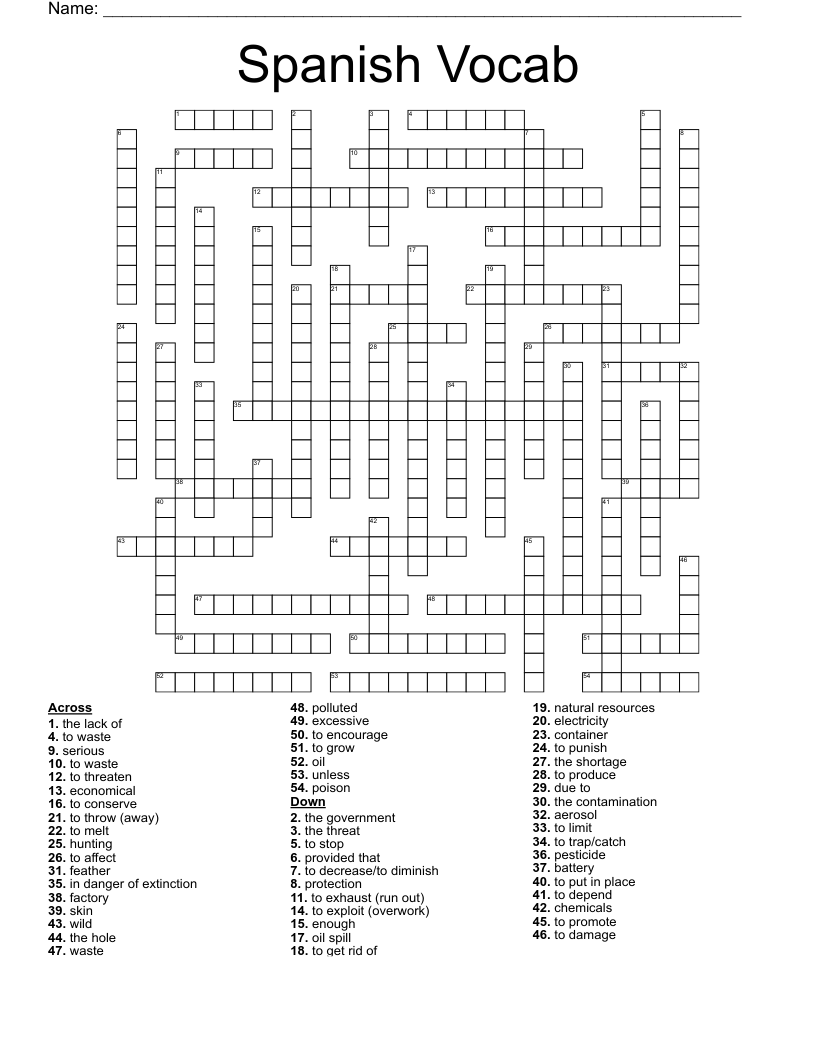 Spanish Vocab Crossword