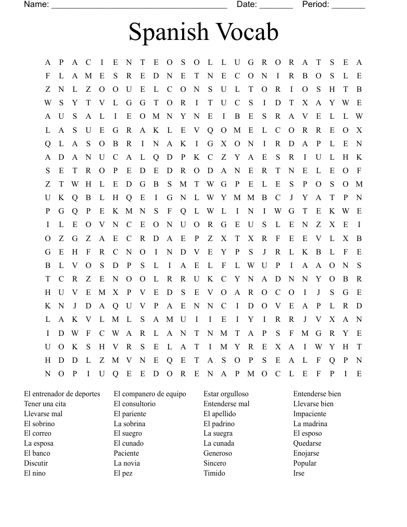 Spanish Vocab Word Search