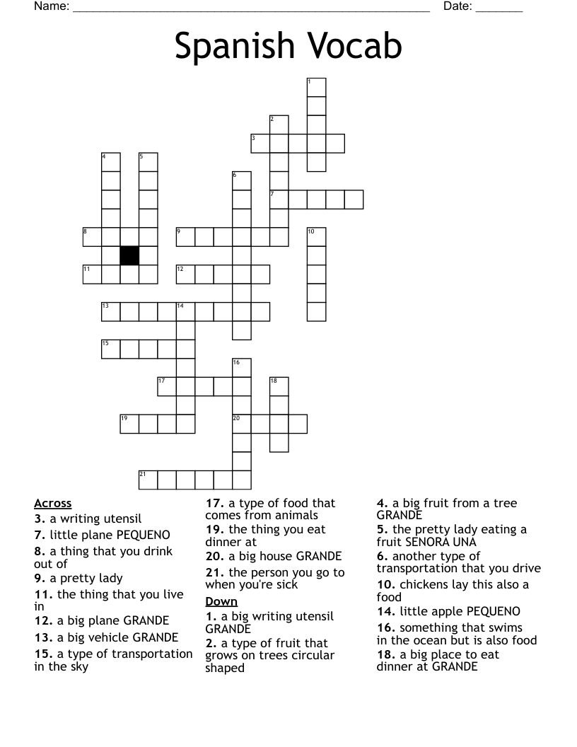 Spanish Vocab Crossword