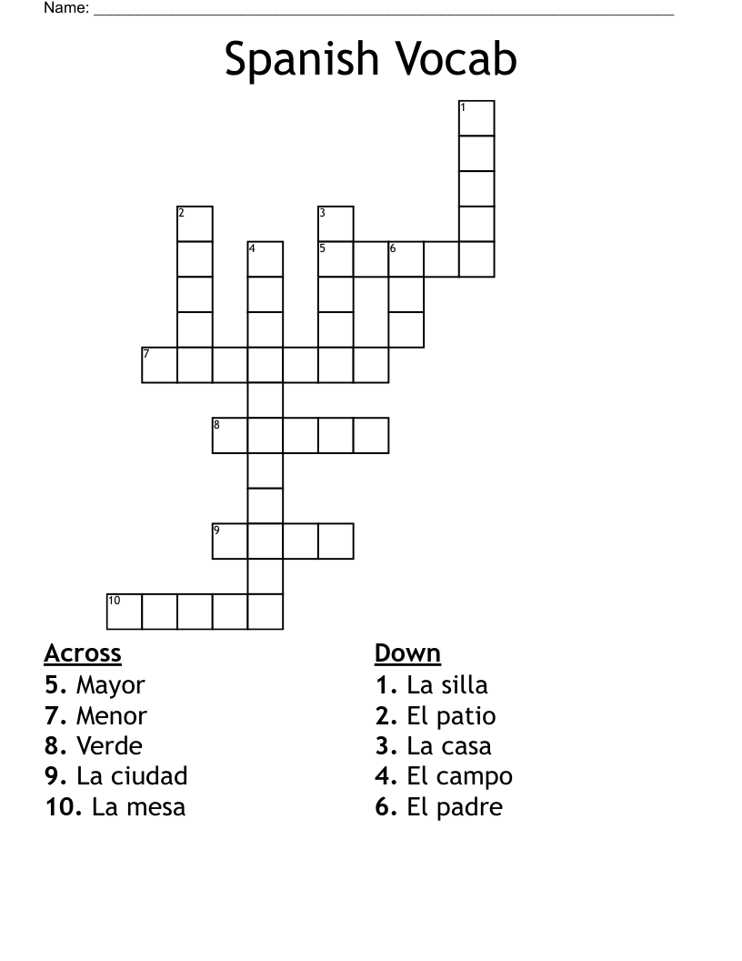 Spanish Vocab Crossword