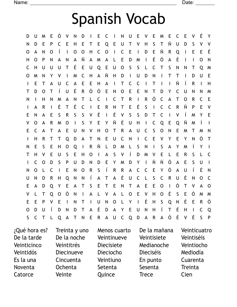 Spanish Vocab Word Search