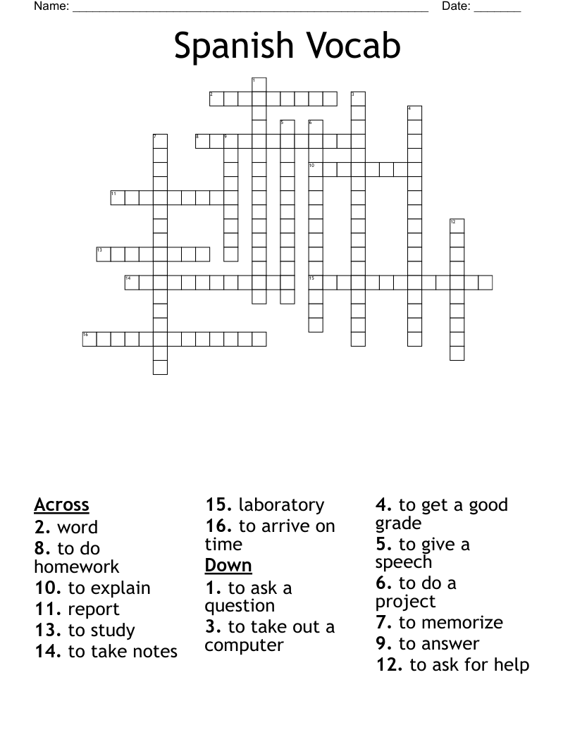 Spanish Vocab Crossword