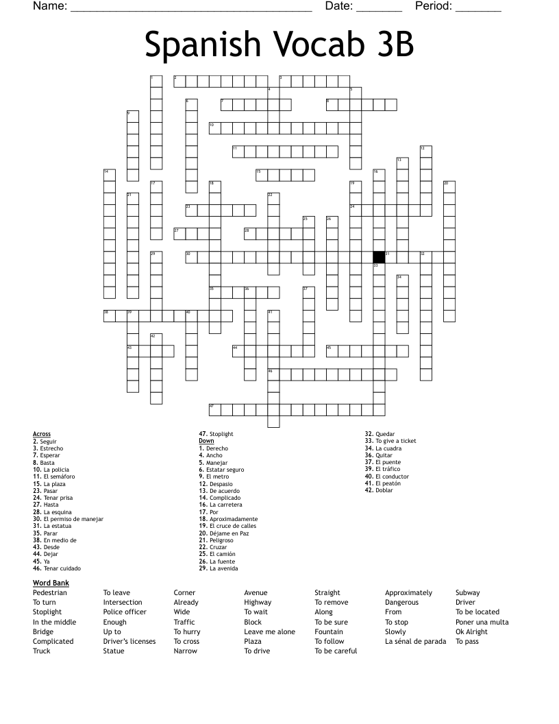 Spanish Vocab 3B Crossword