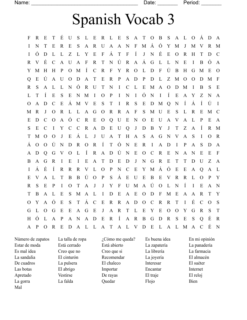 Spanish Vocab 3 Word Search