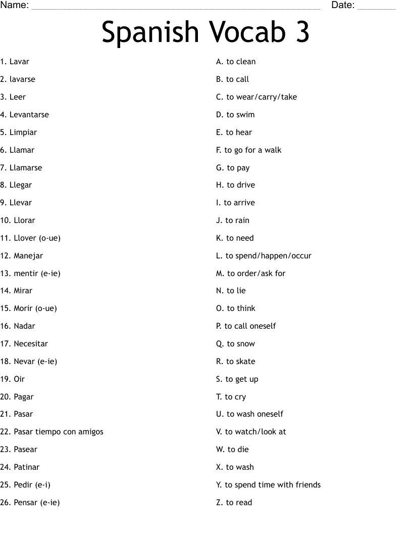 Spanish Vocab 3 Worksheet