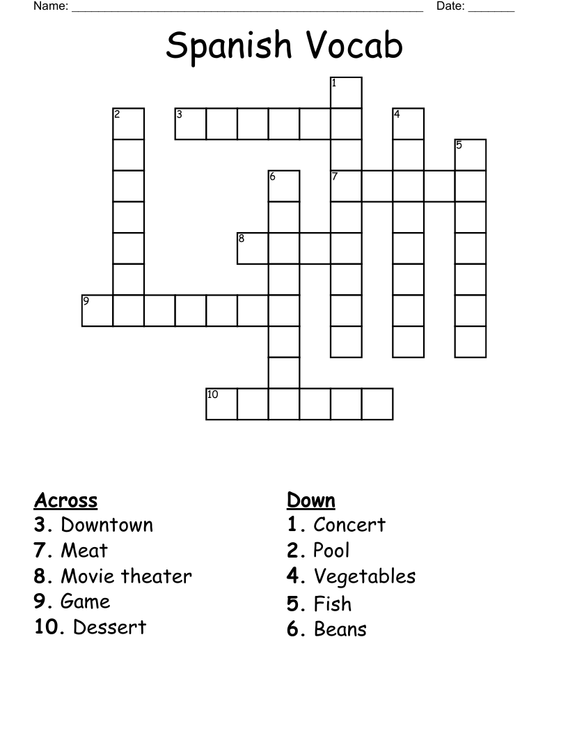 Spanish Vocab Crossword
