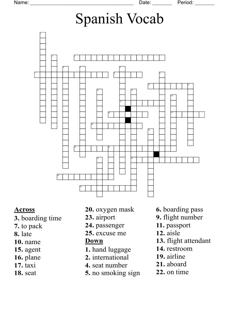 Spanish Vocab Crossword