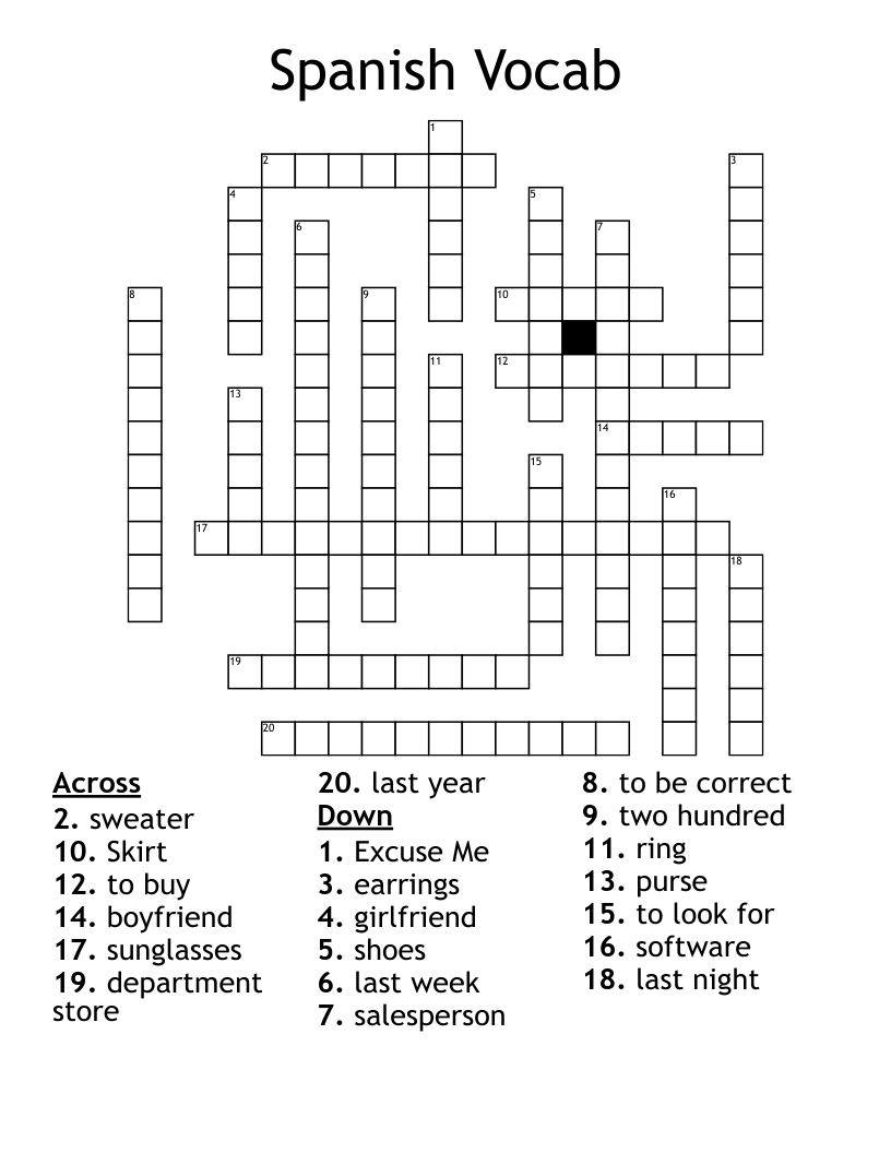 Spanish Vocab Crossword