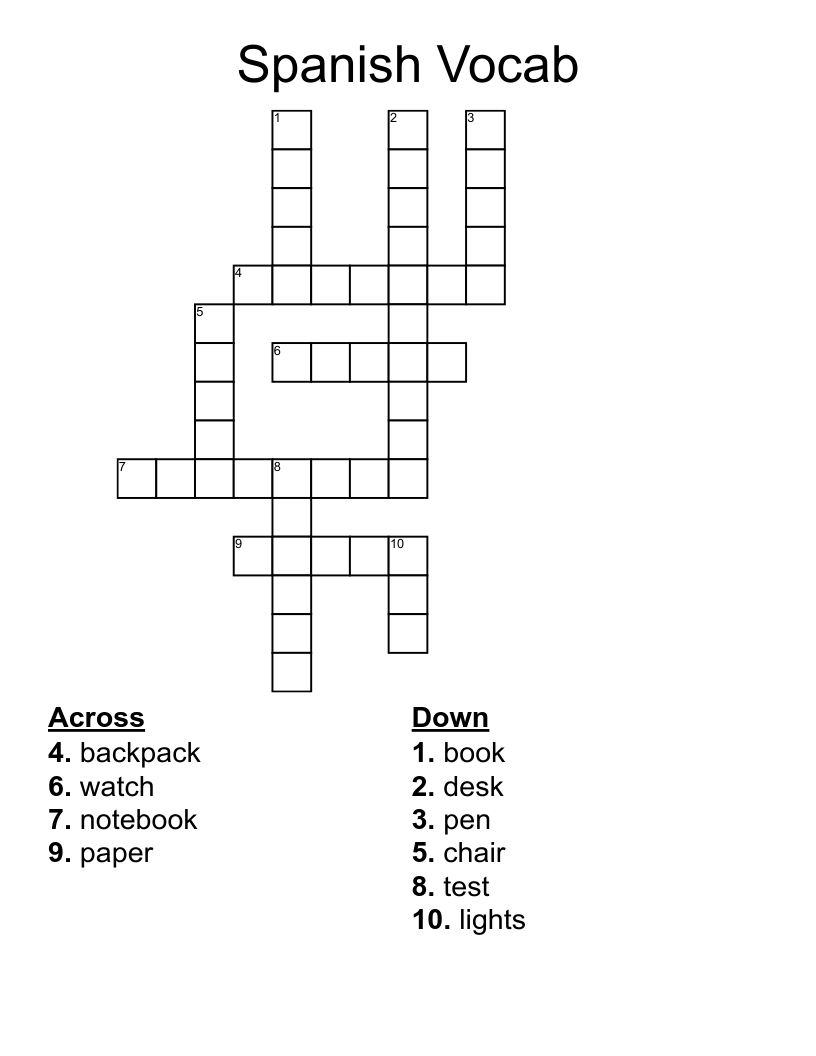 Spanish Vocab Crossword