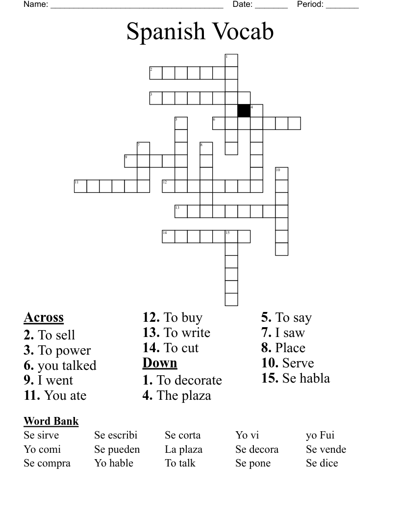 Spanish Vocab Crossword