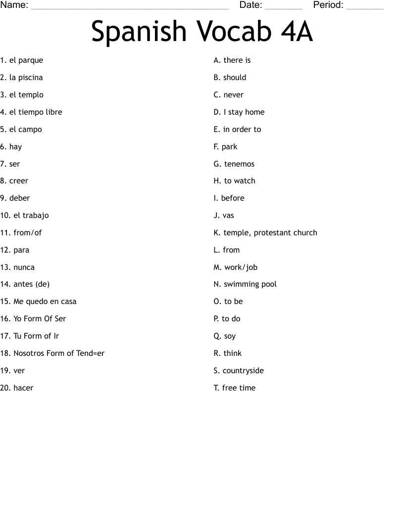 Spanish Vocab 4A Worksheet
