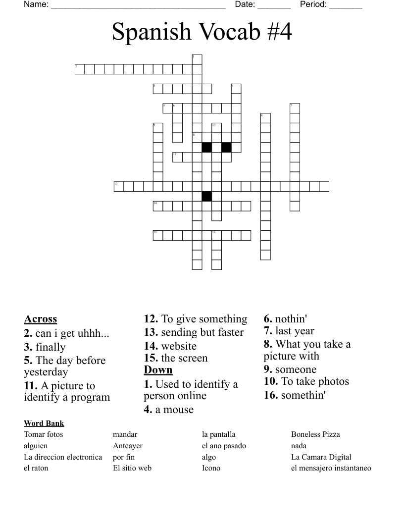 Spanish Vocab #4 Crossword