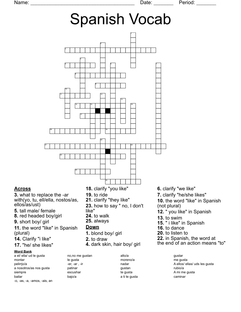Spanish Vocab Crossword