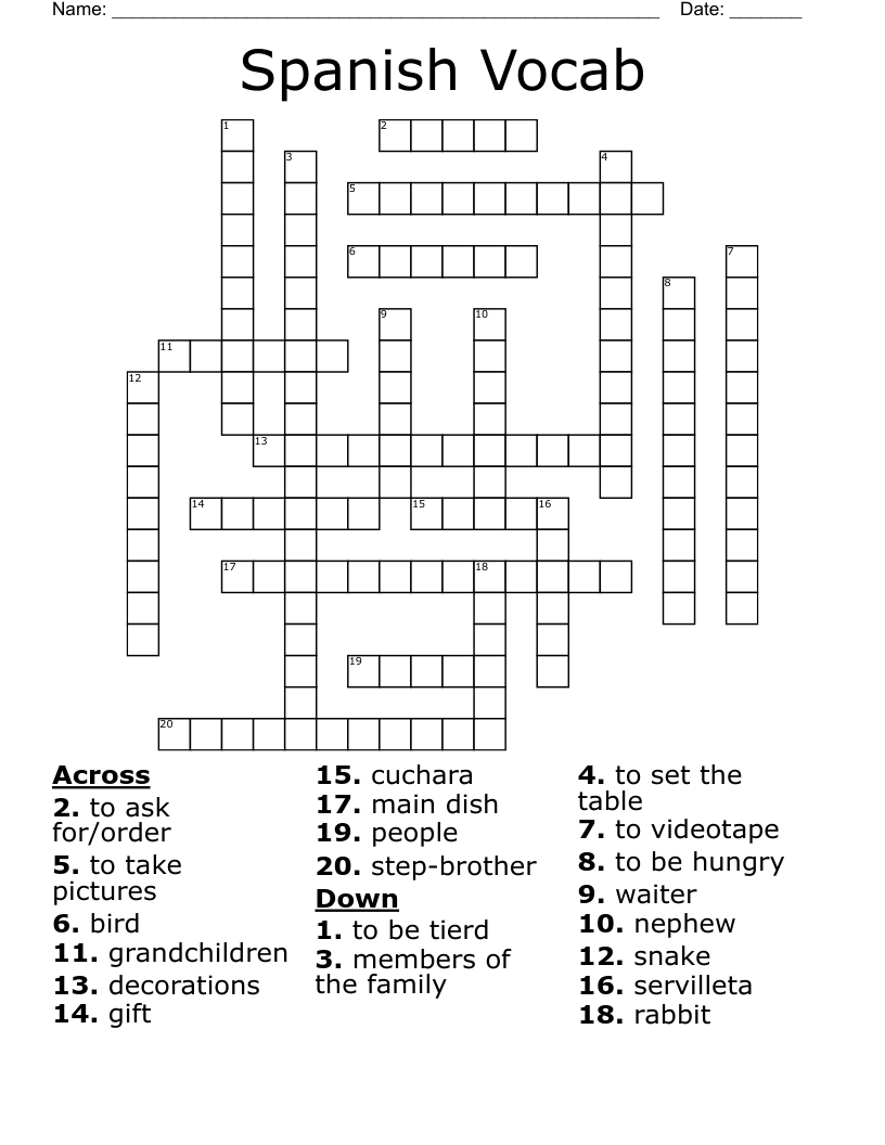 Spanish Vocab Crossword