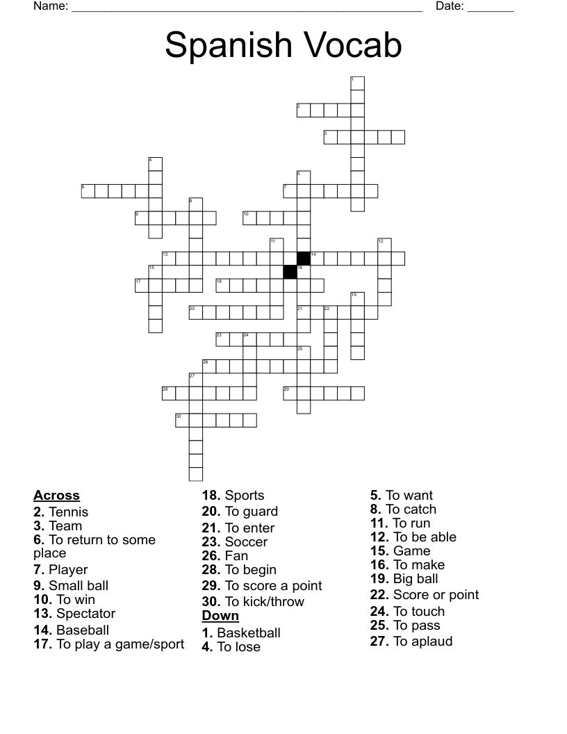 Spanish Vocab Crossword
