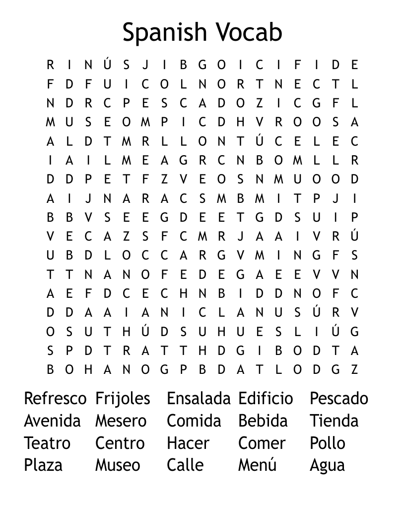 Spanish Vocab Word Search