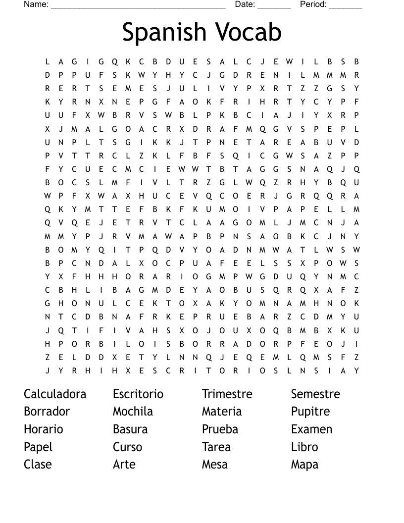 Spanish Vocab Word Search