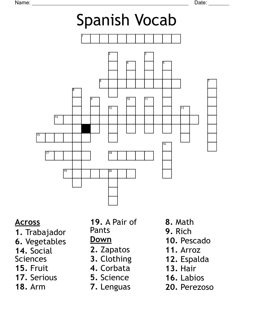 Spanish Vocab Crossword