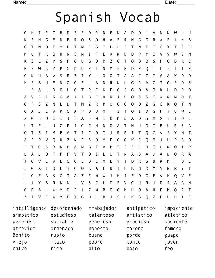 Spanish Vocab Word Search
