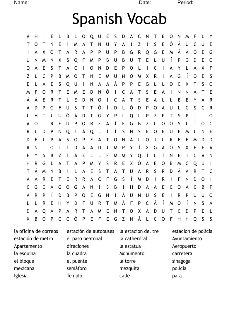 Spanish Vocab Word Search
