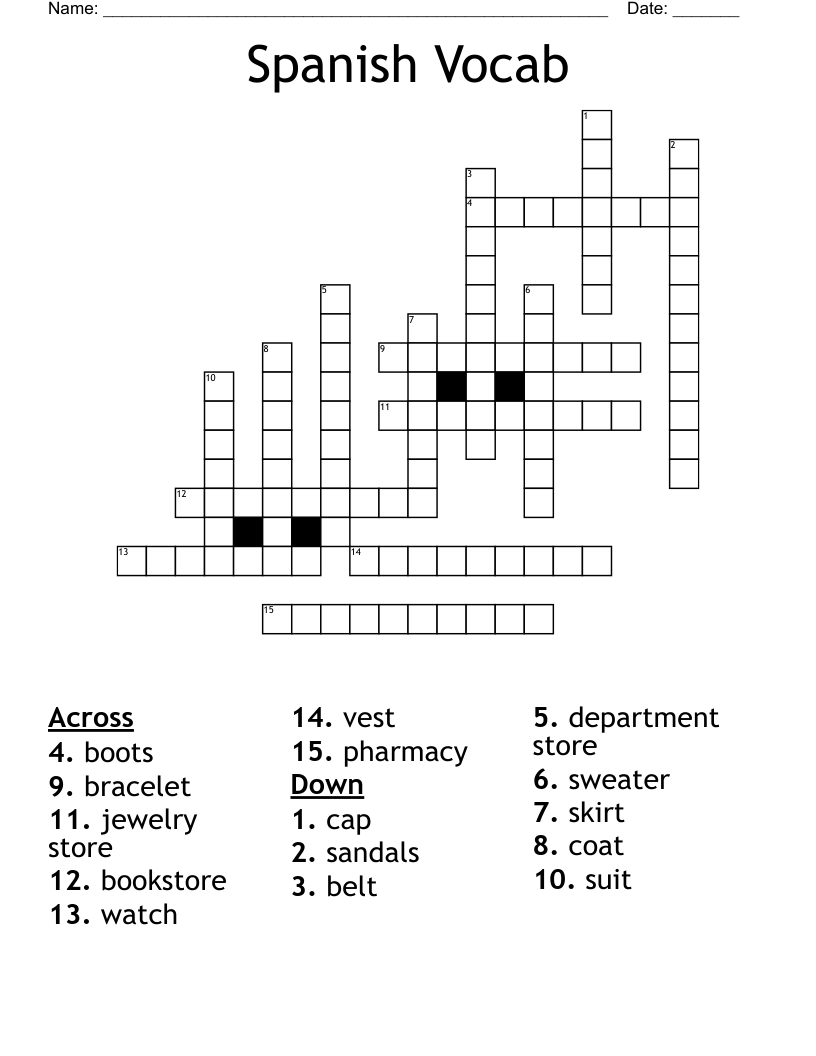 Spanish Vocab Crossword