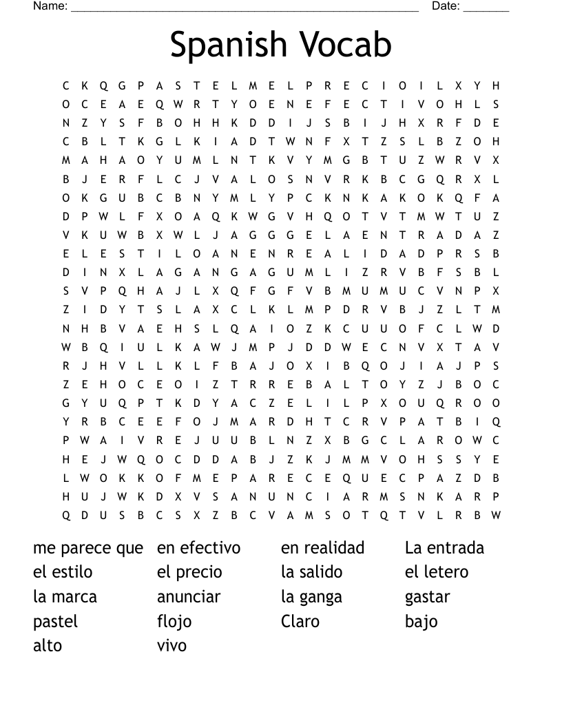 Spanish Vocab Word Search