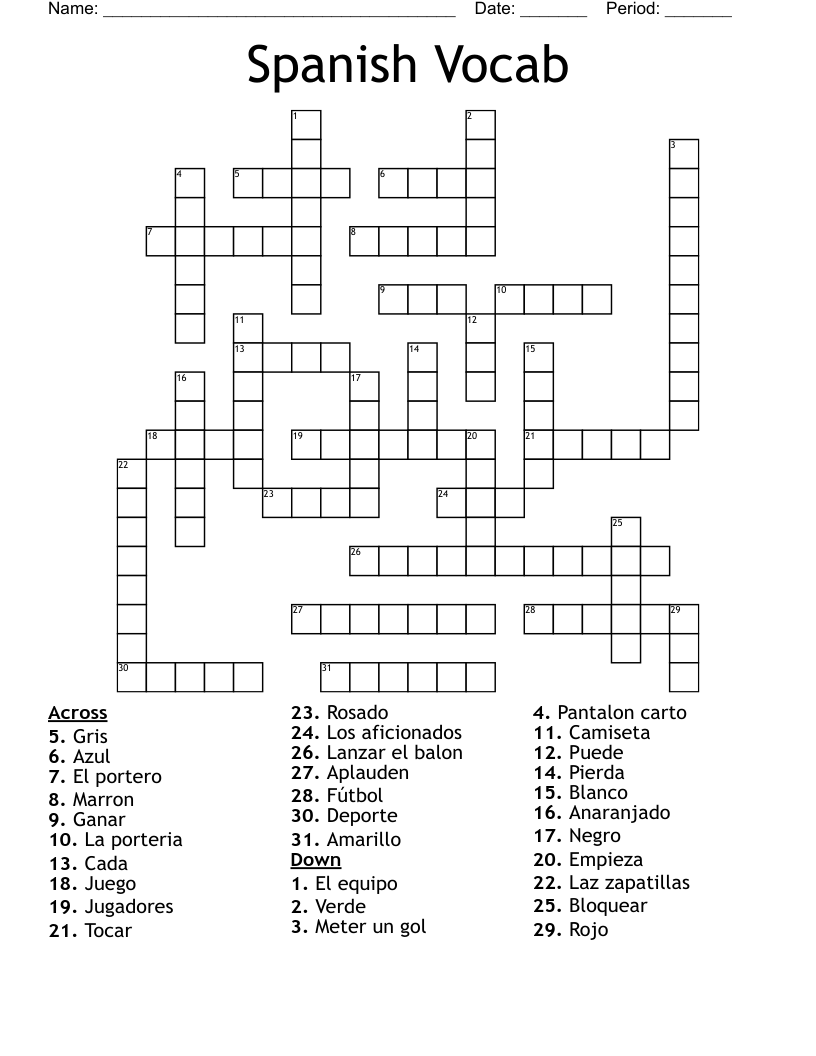 Spanish Vocab Crossword