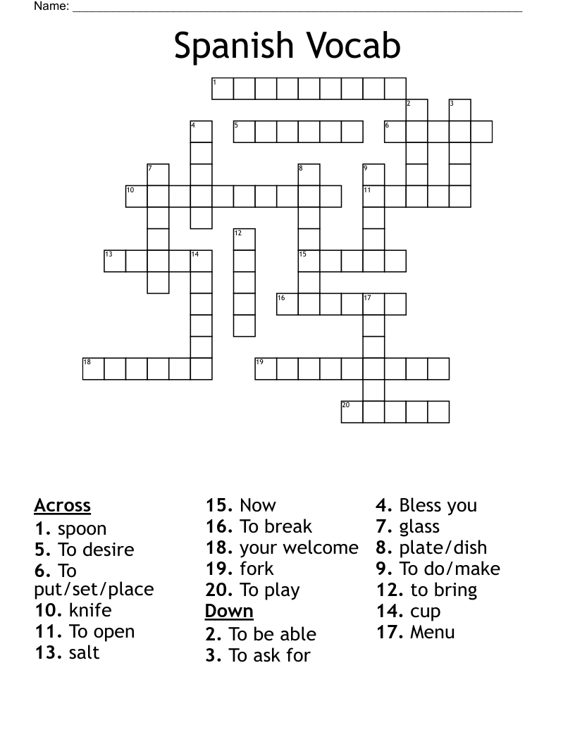 Spanish Vocab Crossword