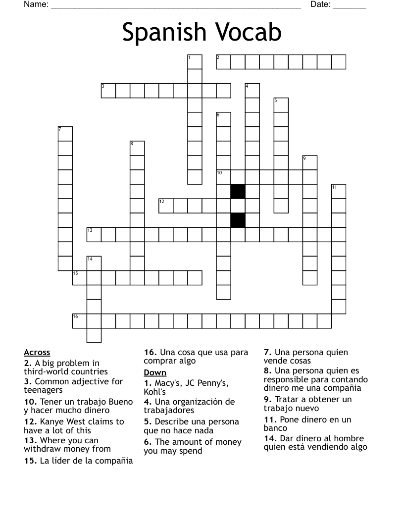 Spanish Vocab Crossword