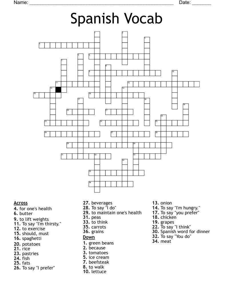 Spanish Vocab Crossword
