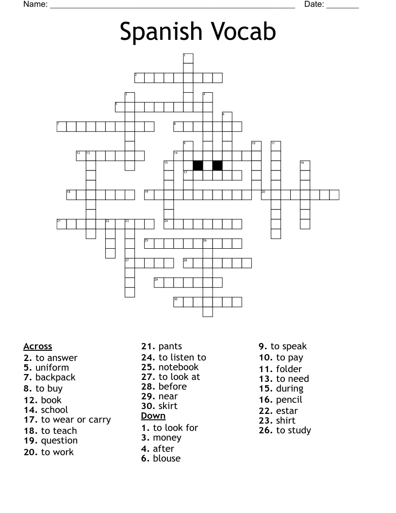 Spanish Vocab Crossword