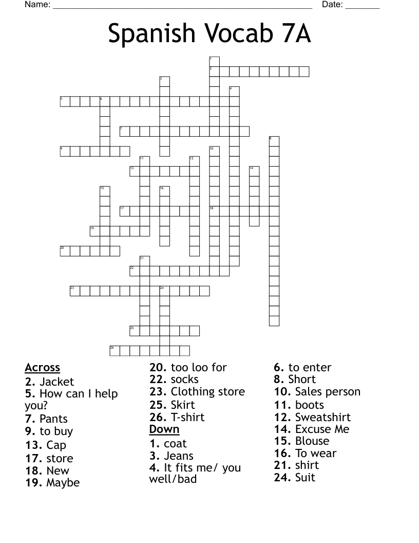 Spanish Vocab 7A Crossword