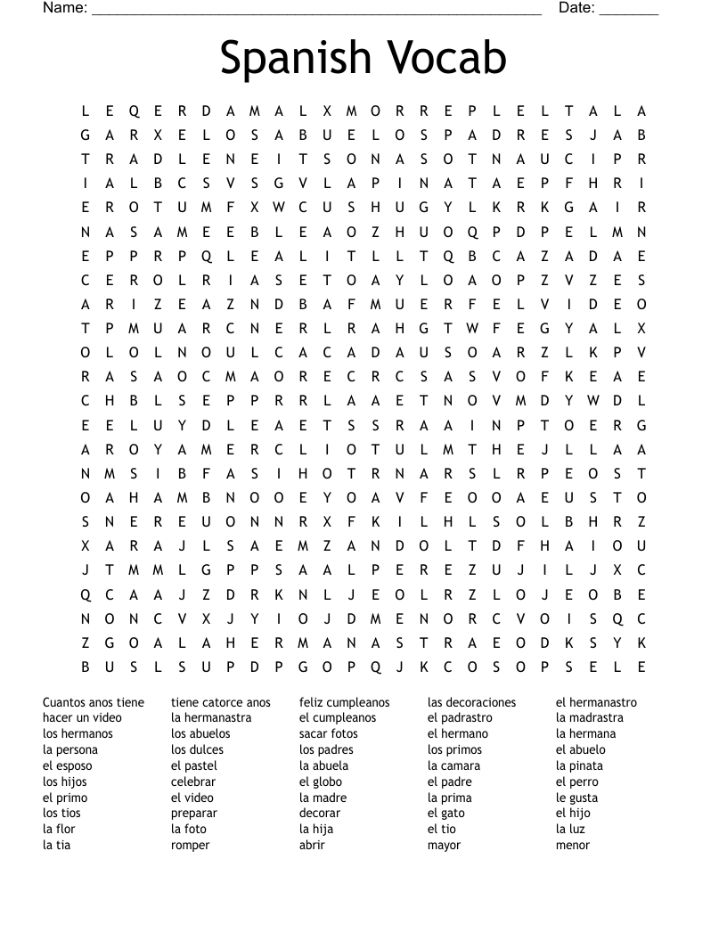 Spanish Vocab Word Search