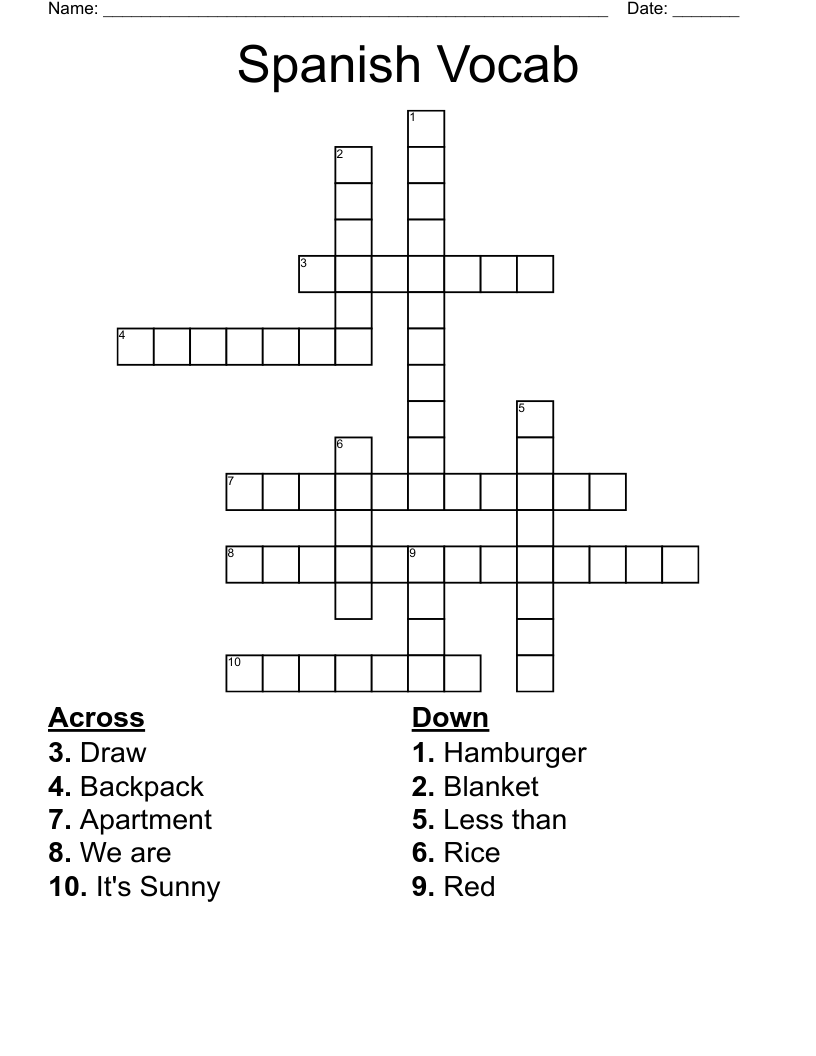 Spanish Vocab Crossword