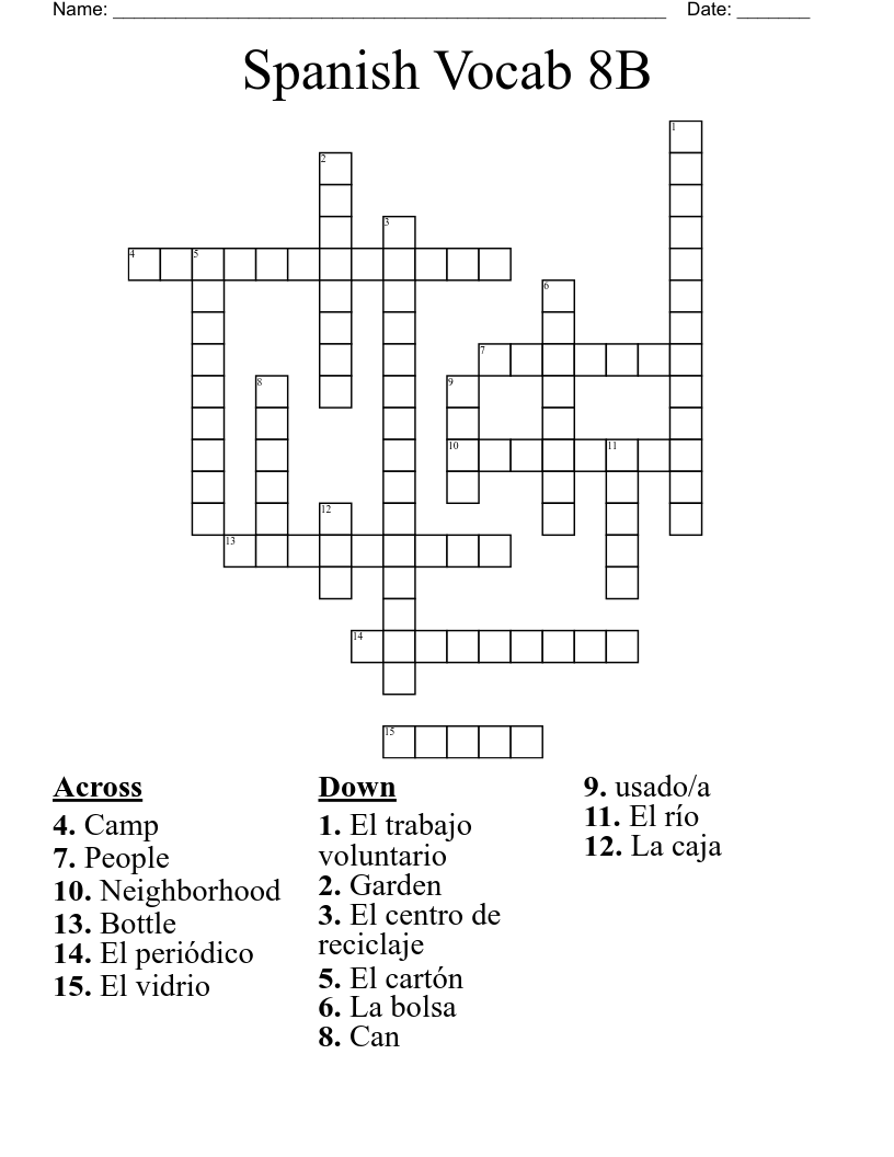 Spanish Vocab 8B Crossword