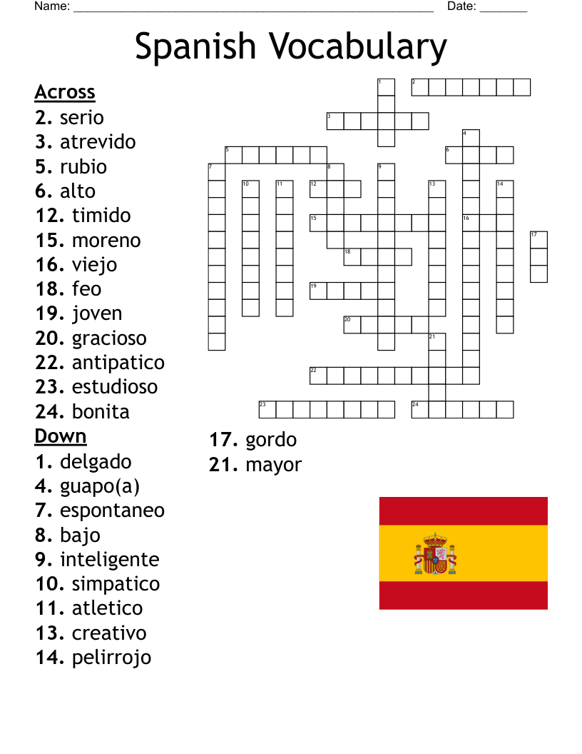 Spanish Vocabulary Crossword