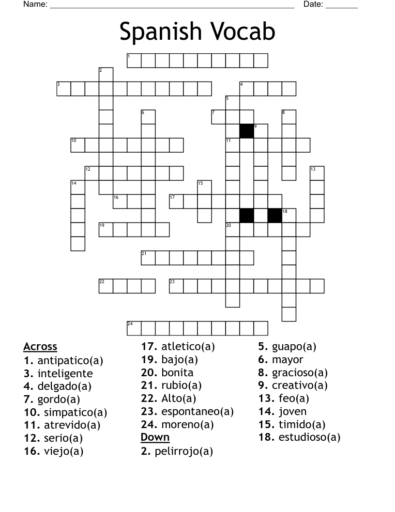 Spanish Vocab Crossword