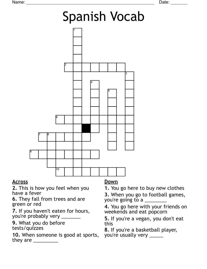 Spanish Vocab Crossword