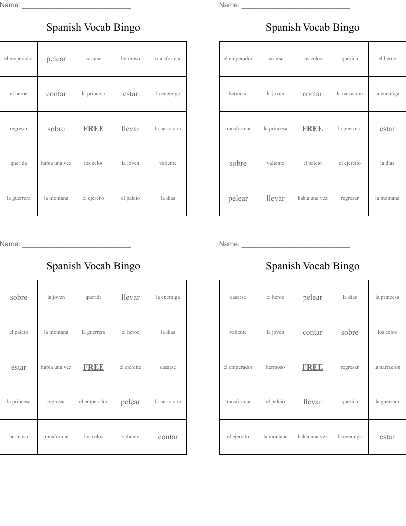 Spanish Vocab Bingo 