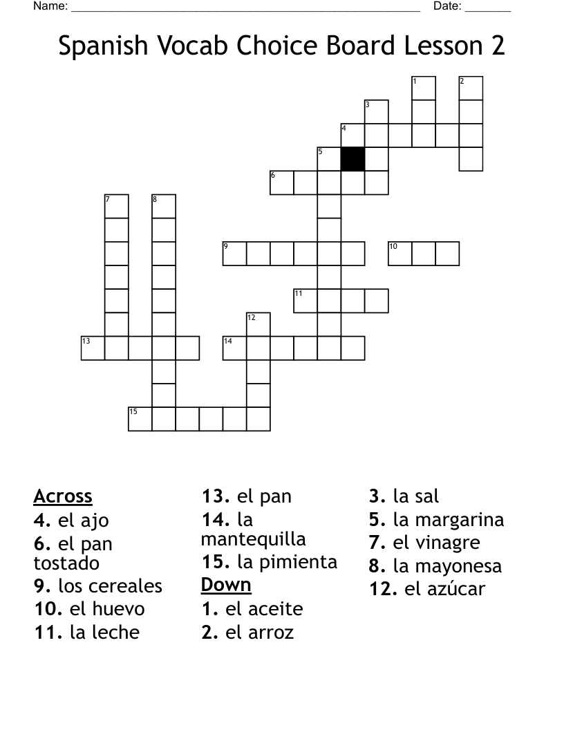 Spanish Vocab Choice Board Lesson 2 Crossword