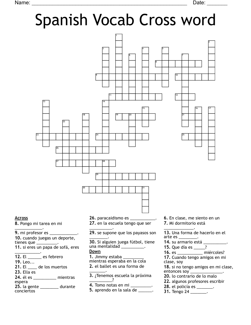 Spanish Vocab Cross word