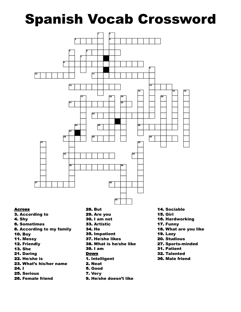 Spanish Vocab Crossword