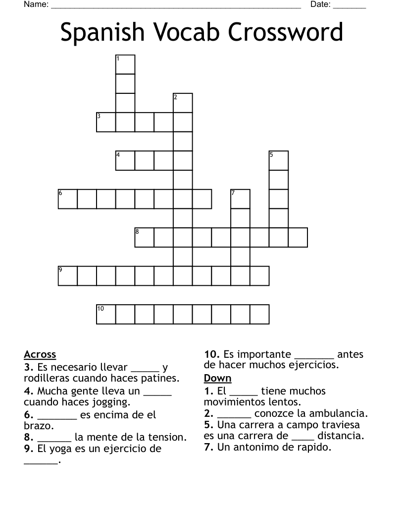 Spanish Vocab Crossword