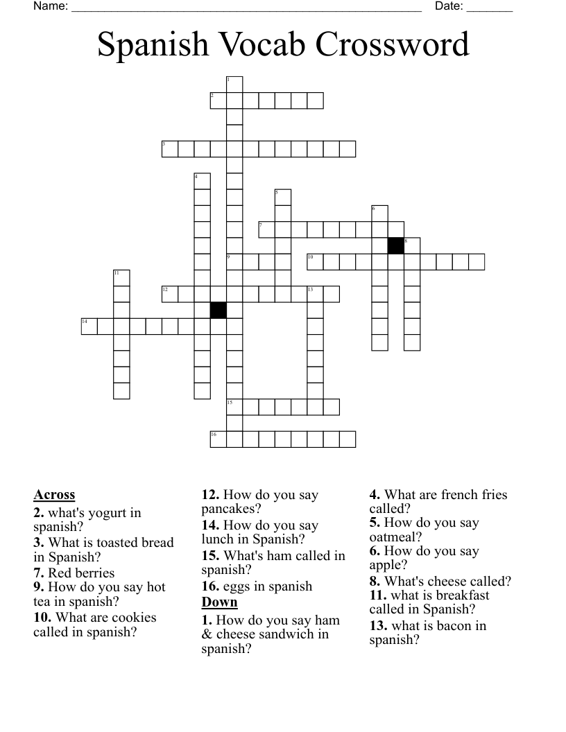 Spanish Vocab Crossword