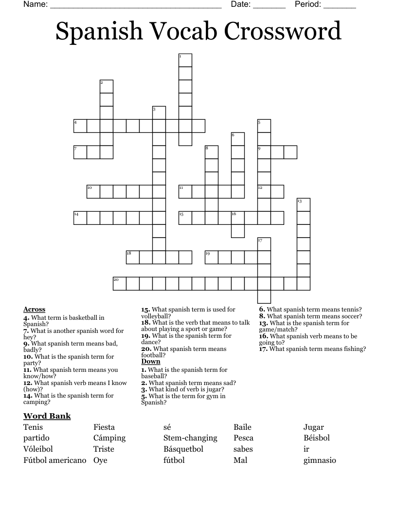 Spanish Vocab Crossword